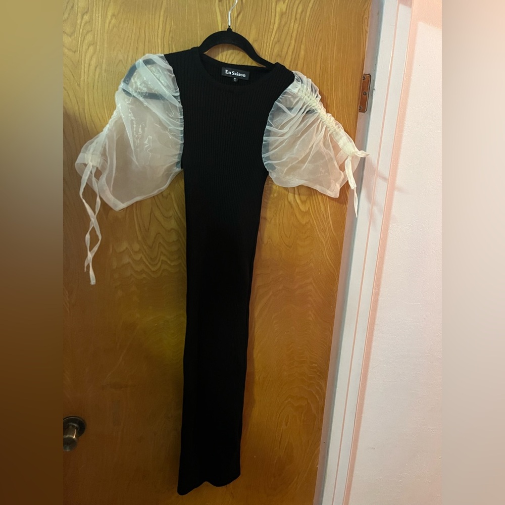 En Saidon Emerson ribbed knit puff shoulder midi dress XS - Picture 2 of 10